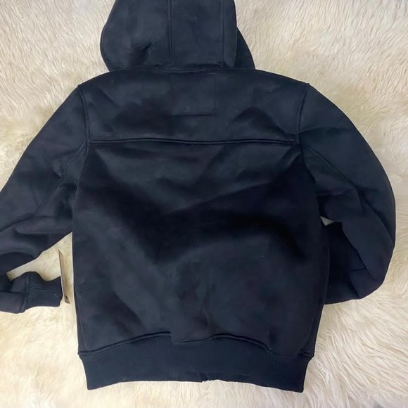 NWT $250 LEVI'S Men M Faux Suede Sherpa Lined Hoodie Bomber Trucker Jacket Black - Picture 10 of 10